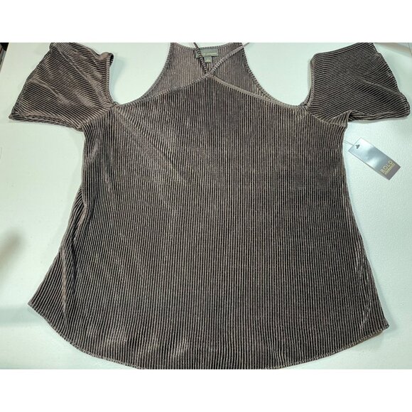 BOLD  ELEMENTS Womens Size L Cold Shoulder Ribbed Blouse Brown - Picture 1 of 9